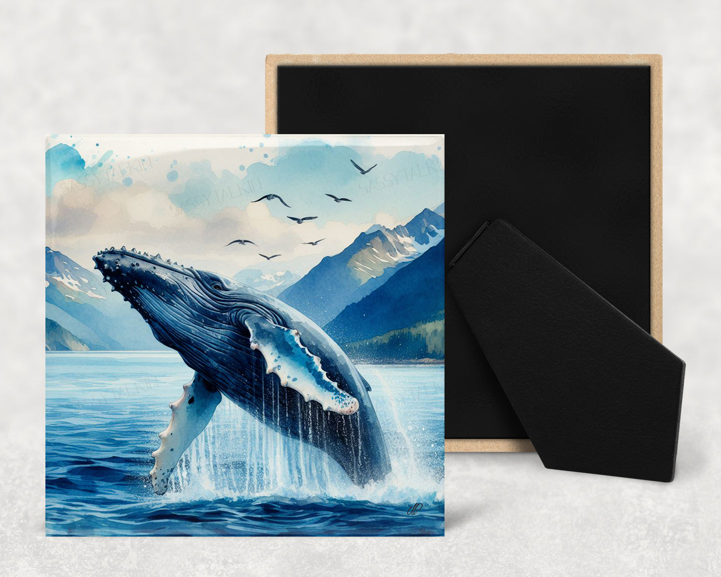 Art Tile, AL, Humpback whale , 4"x4" or 6"x6", Ceramic, watercolor, easel back