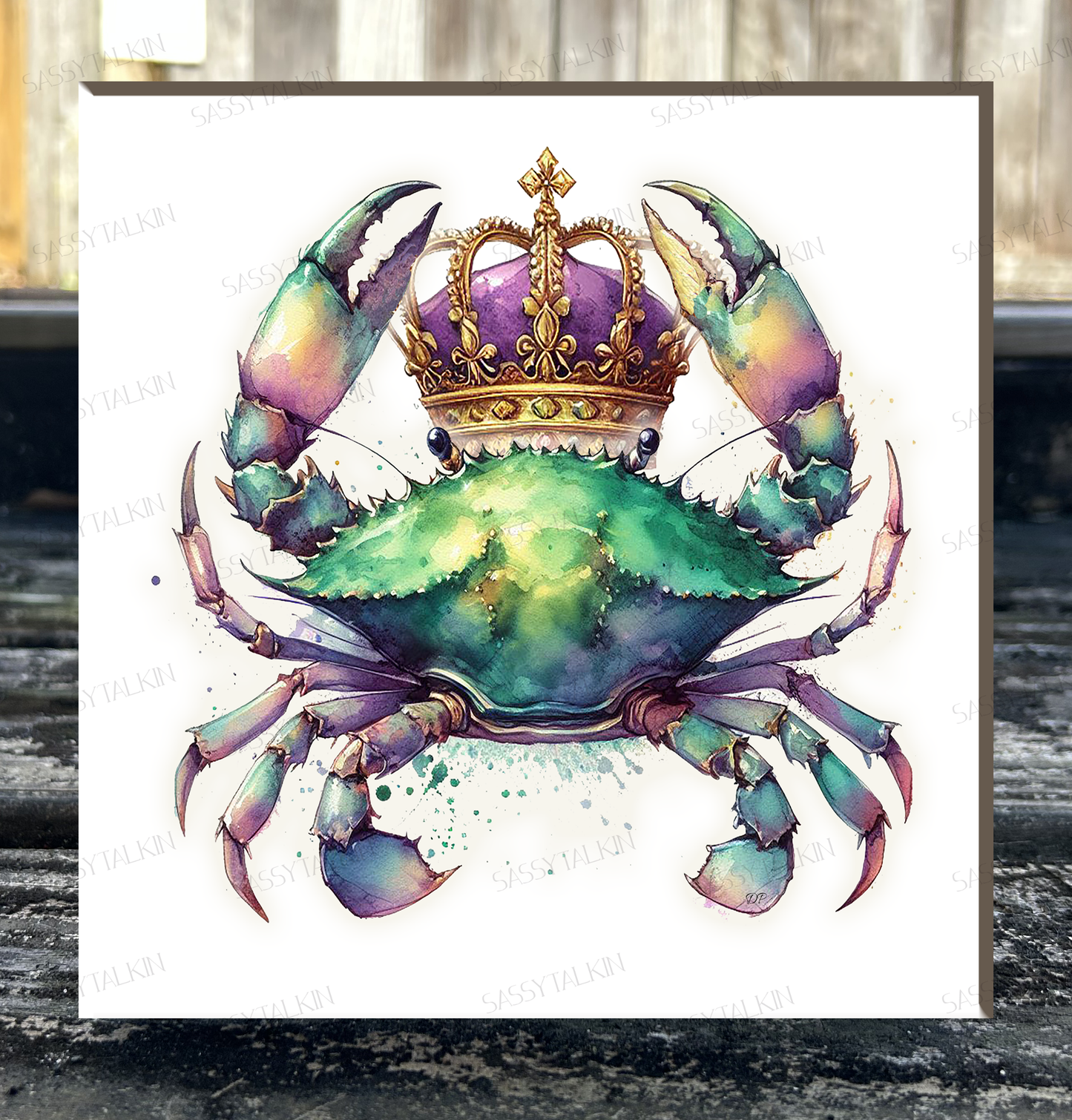 Mardi Gras, Crab with Crown, 6"x6" canvas on wood plaque