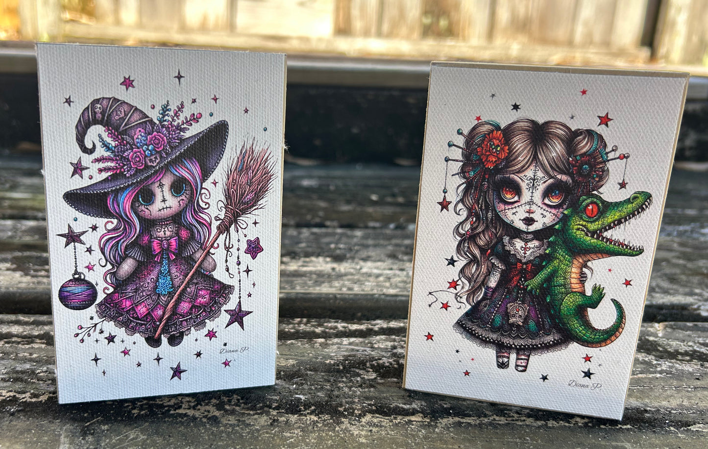 Voodoo Doll, 3"x5" canvas on wood plaque, Witch and Alligator Girl