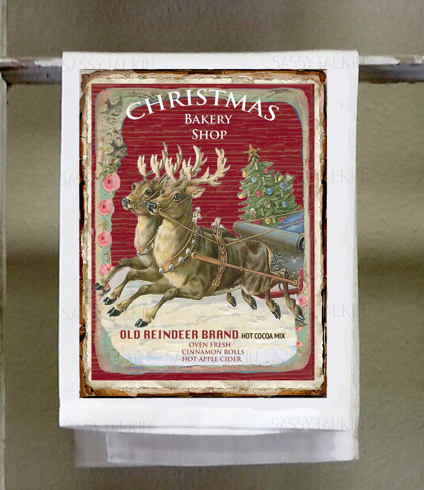 Christmas, Dish towel , Reindeer, red vintage