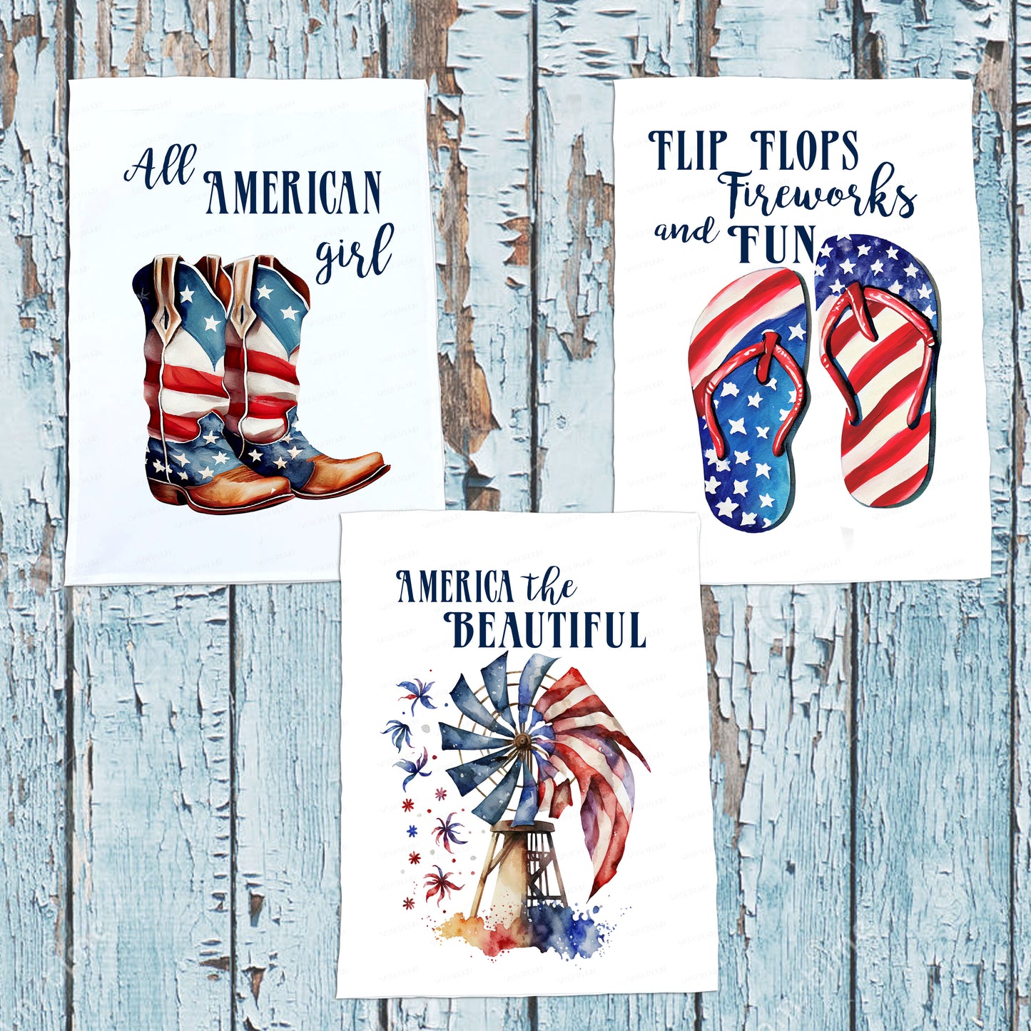 Americana, Dish Towel, Set 2, Boots, Flip Flops, Windmill