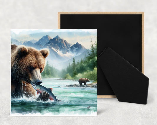 Art Tile, AL, Bear catching salmon, 4"x4" or 6"x6", Ceramic, watercolor, easel back