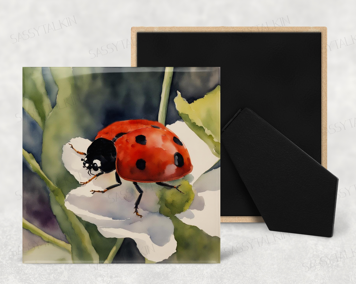 Art Tile, BI, Ladybug , 4"x4" or 6"x6", Ceramic, watercolor, easel back