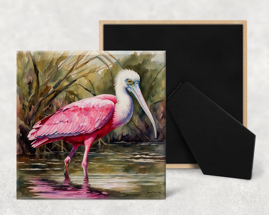 Art Tile, BI, Spoonbill , 4"x4" or 6"x 6", Ceramic, watercolor, easel back