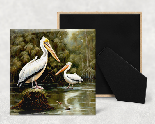 Art Tile, CJ, Pelican, 4"x4" or 6"x6", Ceramic, watercolor, easel back