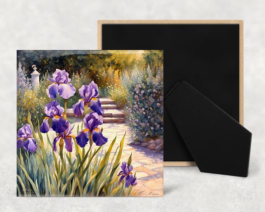 Art Tile, FL, Iris Garden , 4"x4" or 6"x6", Ceramic, watercolor, easel back