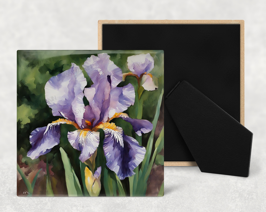 Art Tile, FL, Iris, 4"x4" or 6"x6", Ceramic art tile, watercolor, easel back