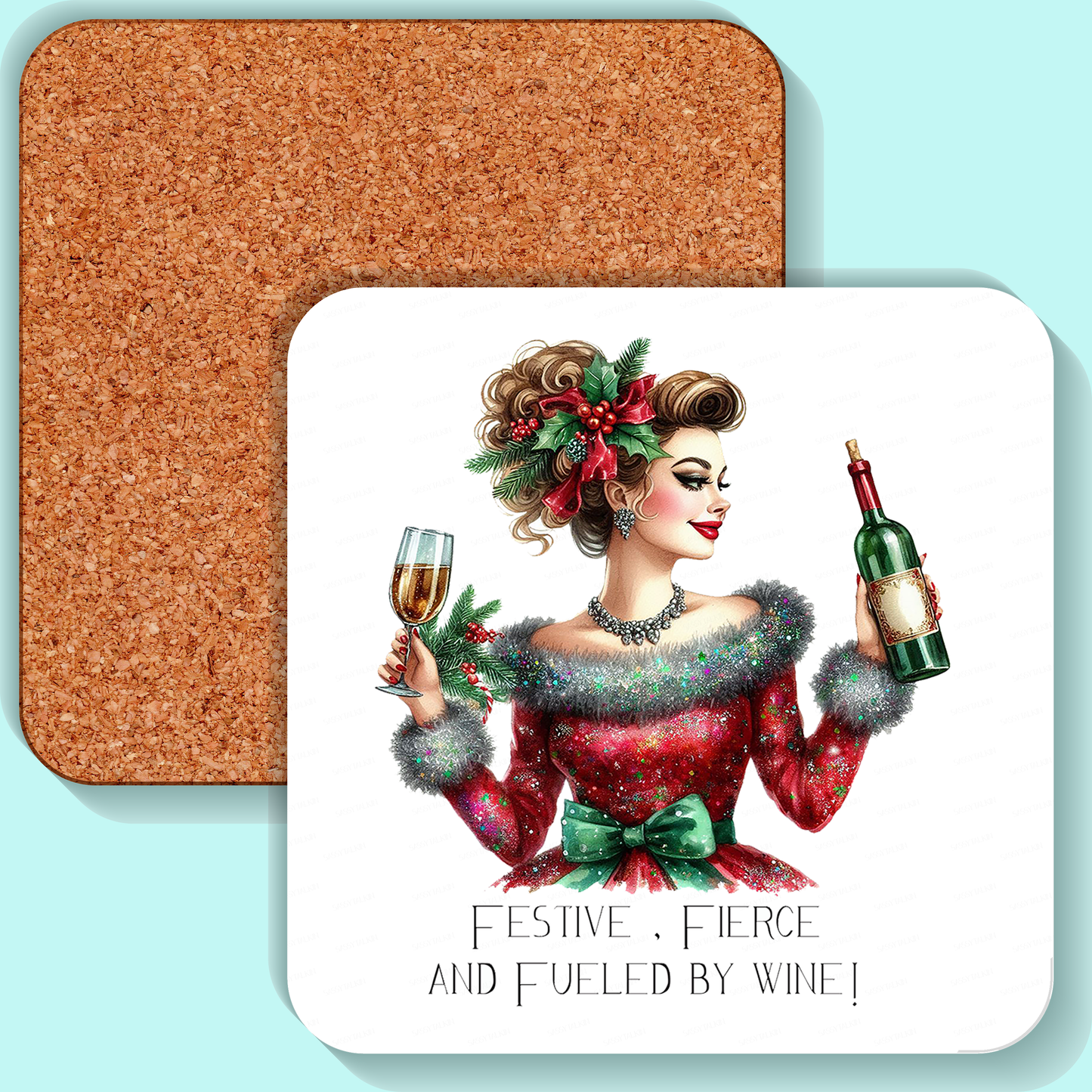 Sassy Girl, Coaster, Festive and fierce and fueled , Cork back coaster