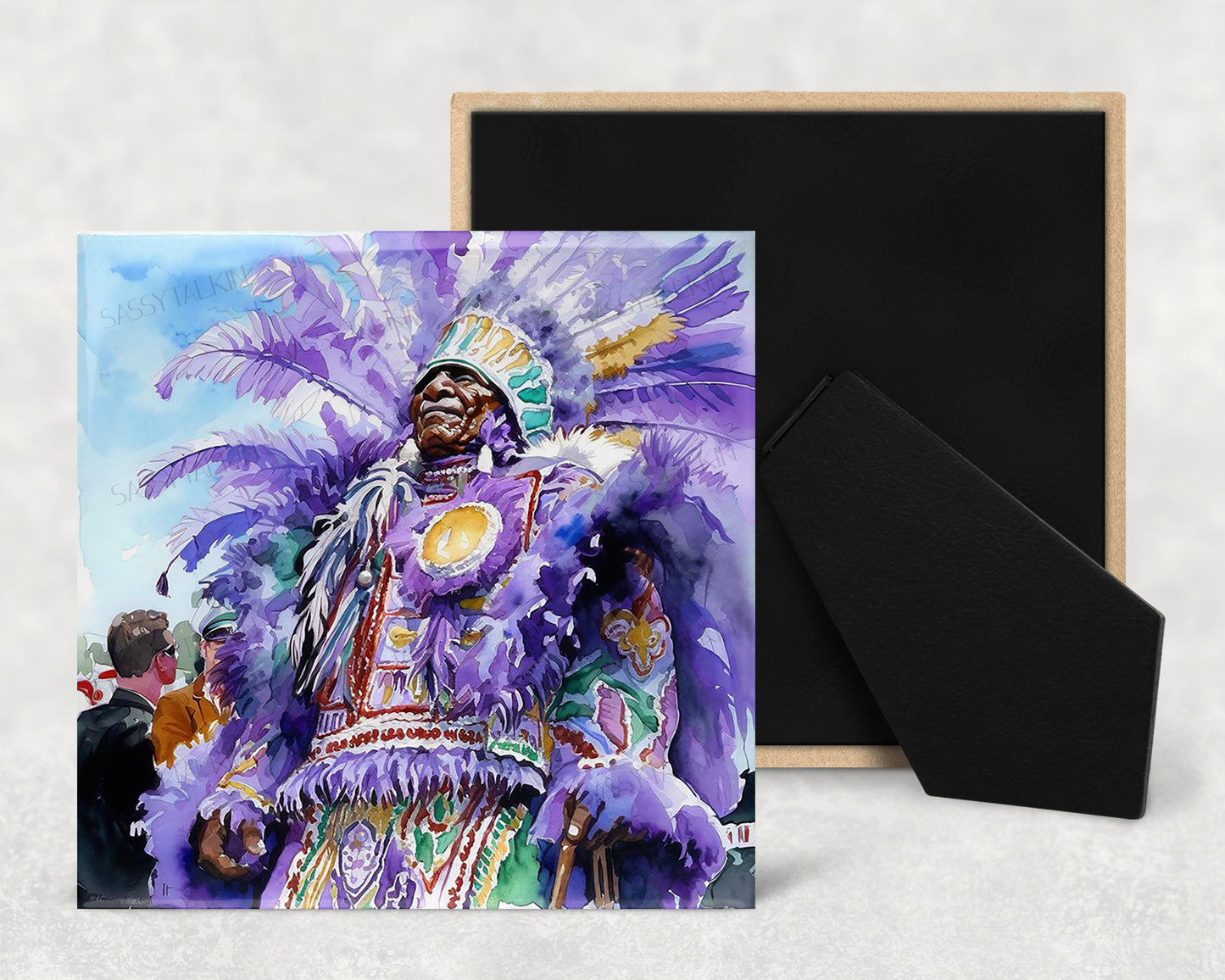 Art Tile, MG, Mardi Gras Indian Purple , 4"x4" or 6"x6", Ceramic, watercolor, easel back