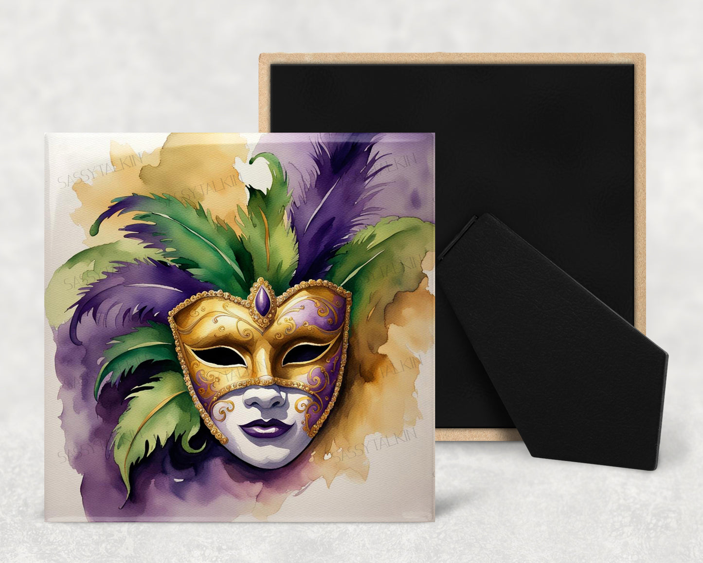 Art Tile, MG, Mardi Gras mask with feathers, 4"x4" or 6"x6", Ceramic, watercolor, easel back