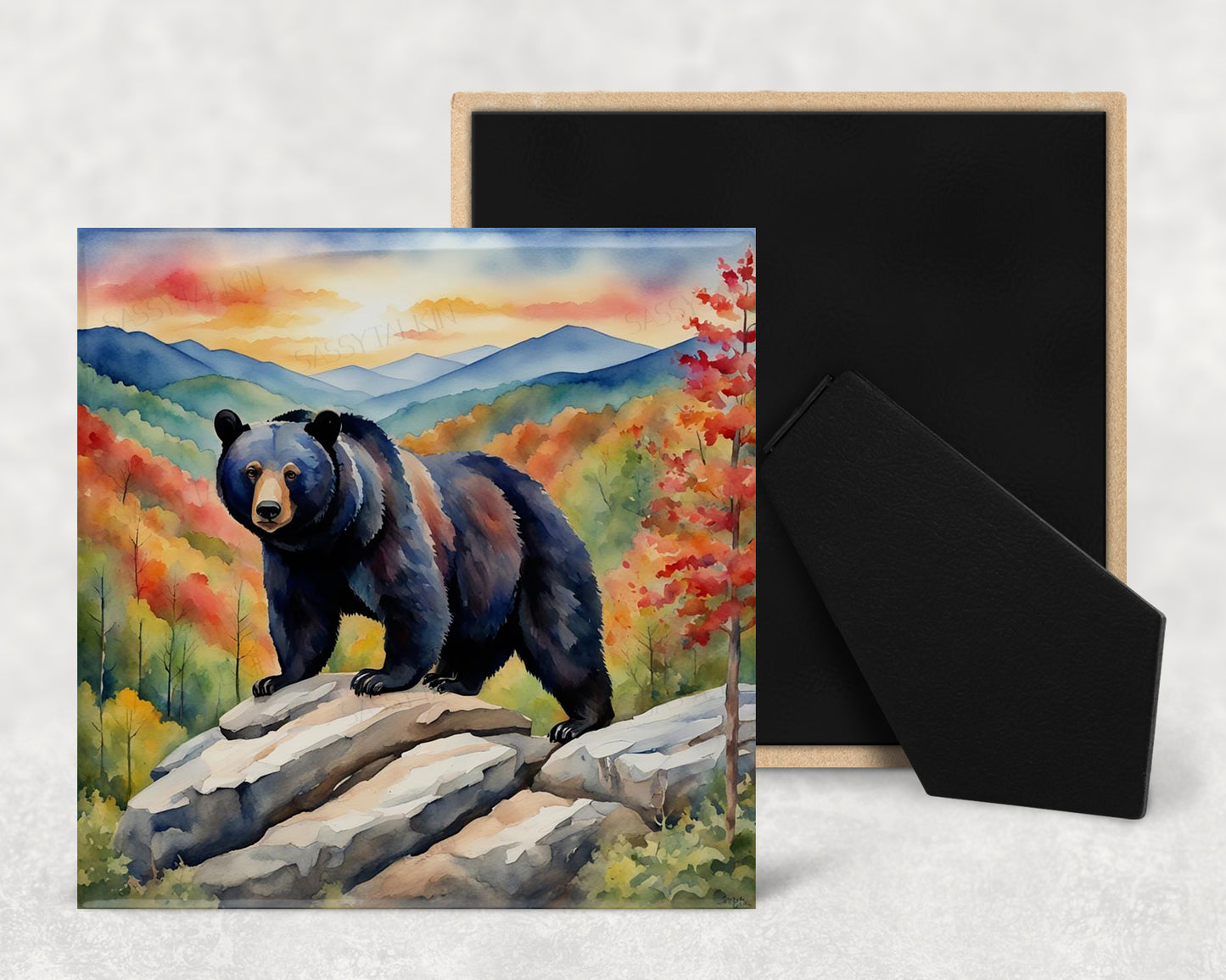 Art Tile, MT, Black Bear in the mountains , 4"x4" or 6"x6", Ceramic, watercolor, easel back