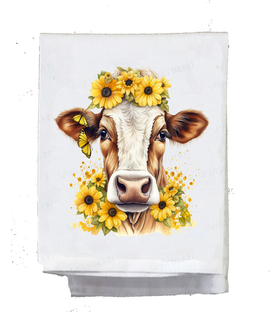 Country Dish Towel, Cow with sunflowers