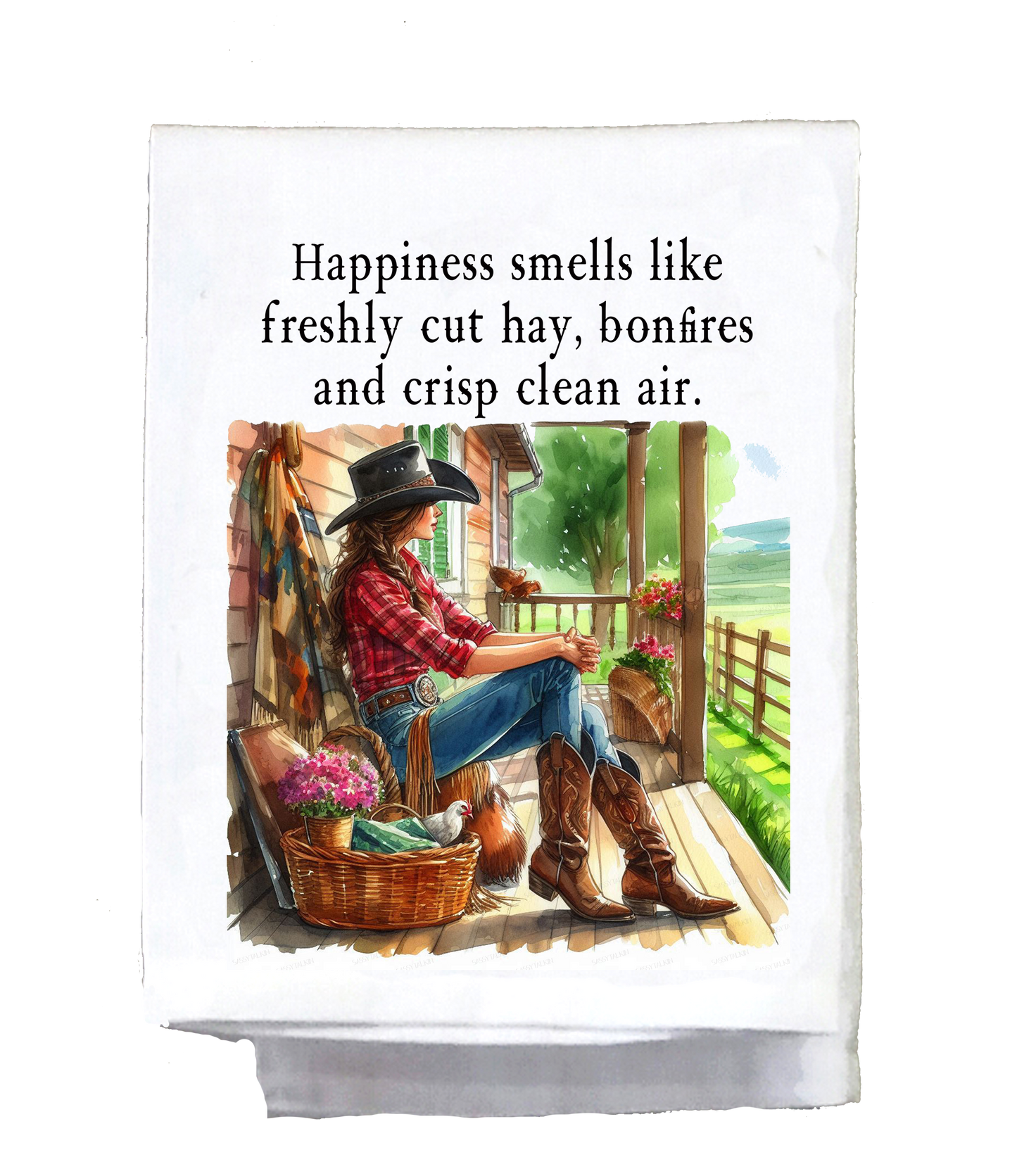 Sassy Country Girl, Dish Towel, Happiness smells like freshly cut hay