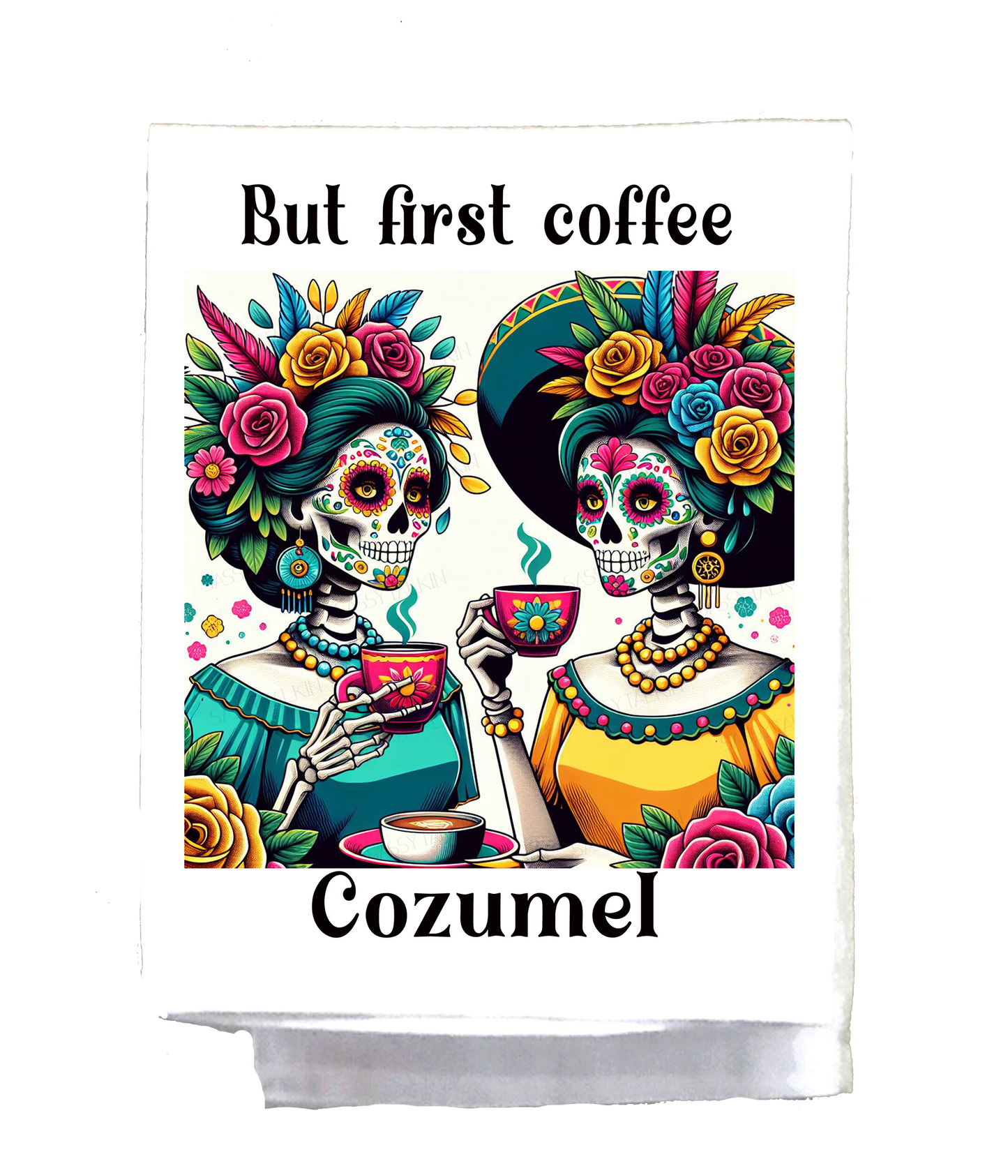 Mexican, Dish Towel, Sugar skull, But first coffee