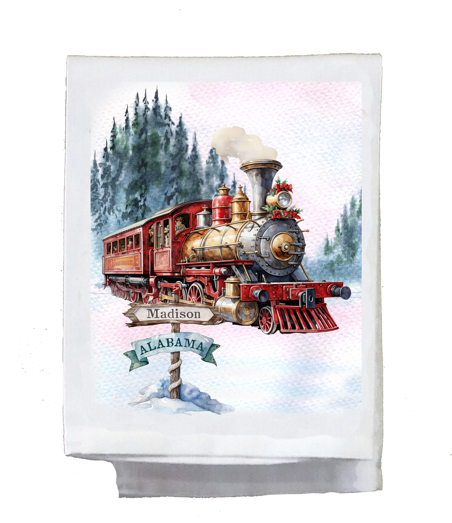 Christmas, Dish towel , Vintage Train, city and state