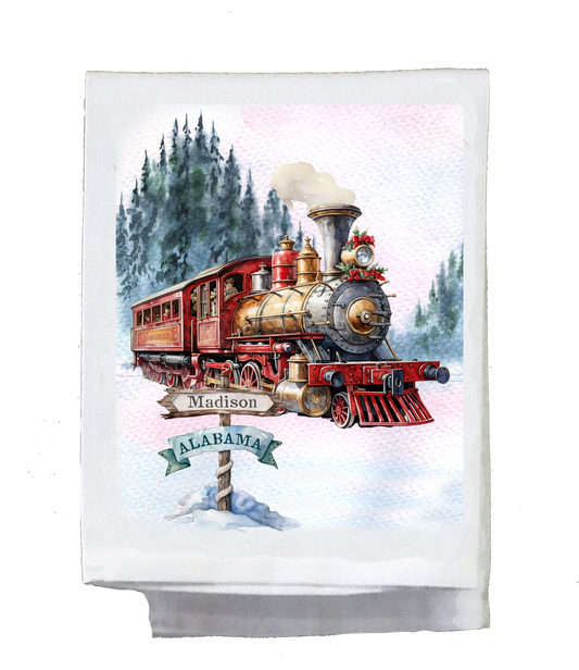 Christmas, Dish towel , Vintage Train, city and state