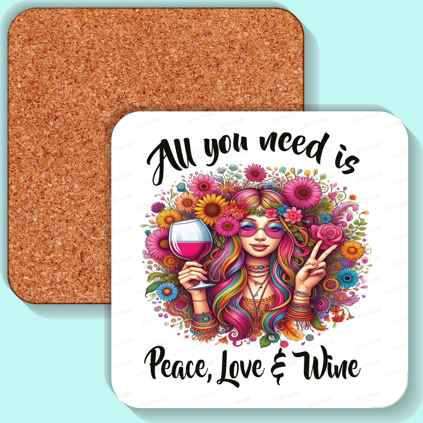 Coaster, Sassy Hippie, All you need is peace love & wine