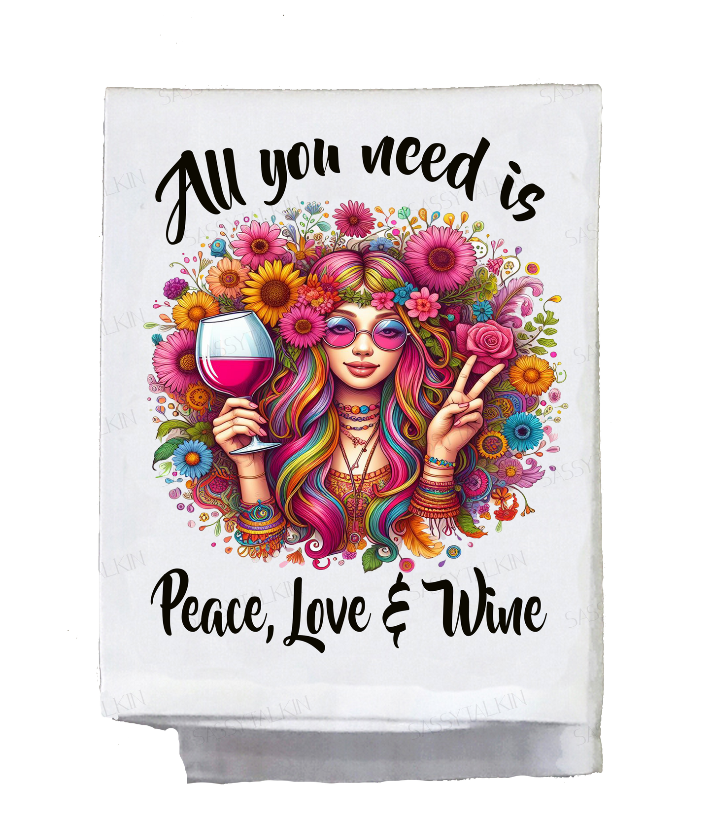 Sassy Hippie, Dish towel, All you need is peace love and wine