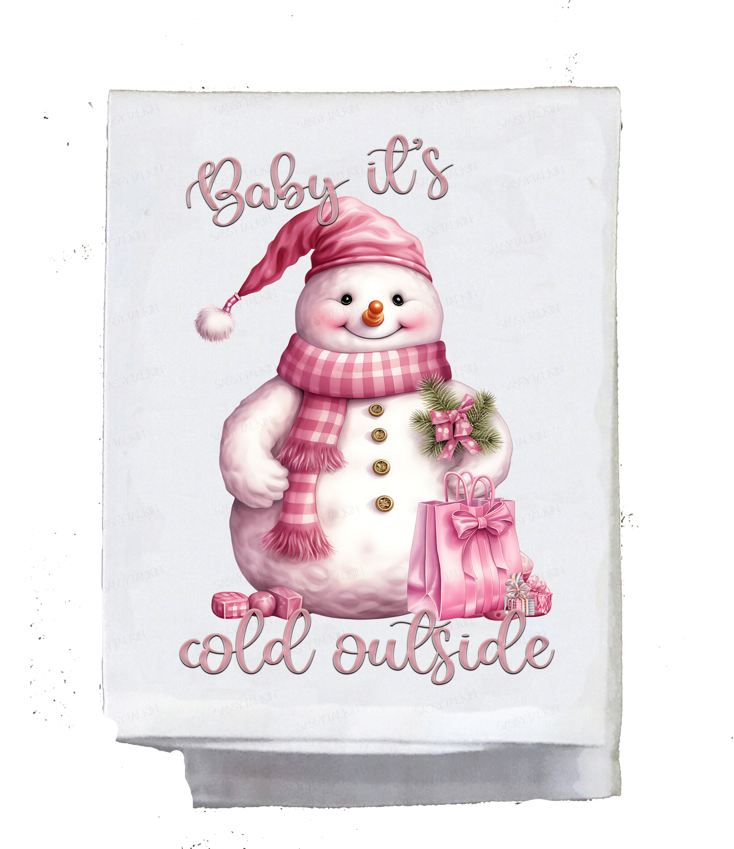 Christmas, Dish towel , Snowman , Baby it's cold outside, pink vintage