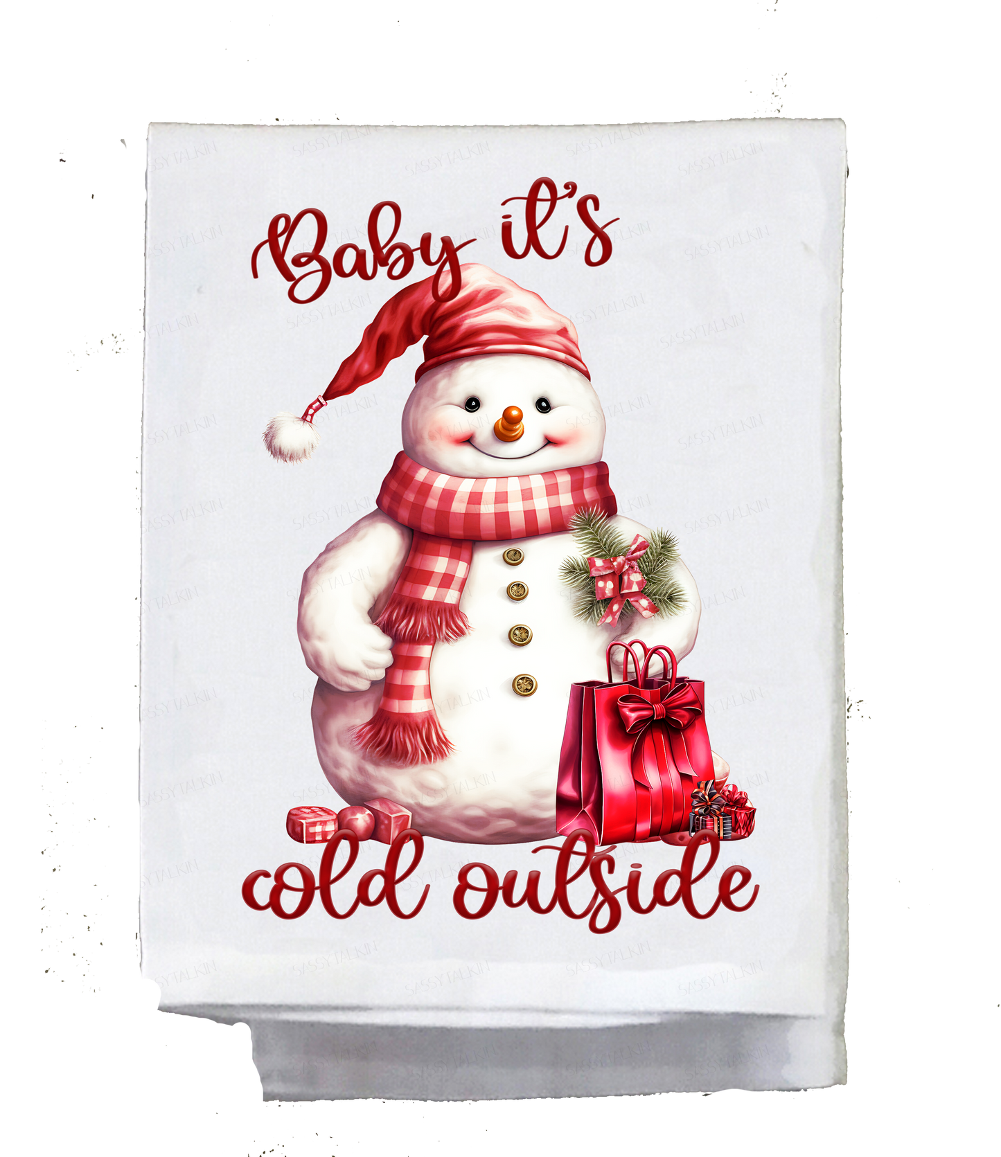 Christmas, Dish towel , Snowman , Baby it's cold outside, red vintage