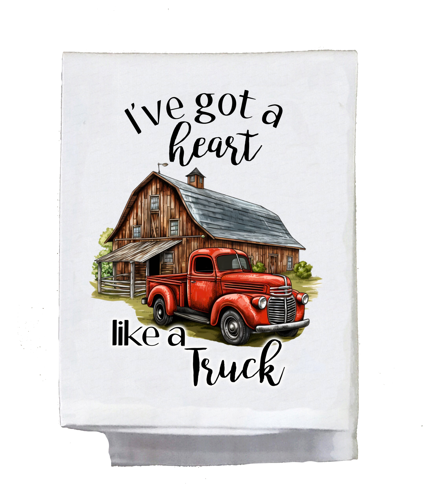 Country Dish Towel, I've got a heart like a truck, red truck barn