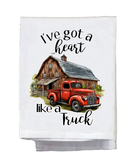 Country Dish Towel, I've got a heart like a truck, red truck barn