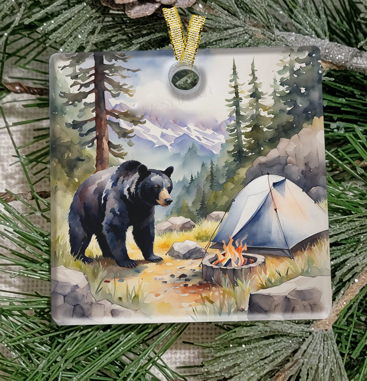 Christmas Ornament, Camping, Black Bear Camping, Frosted Acrylic, Square, name drop available