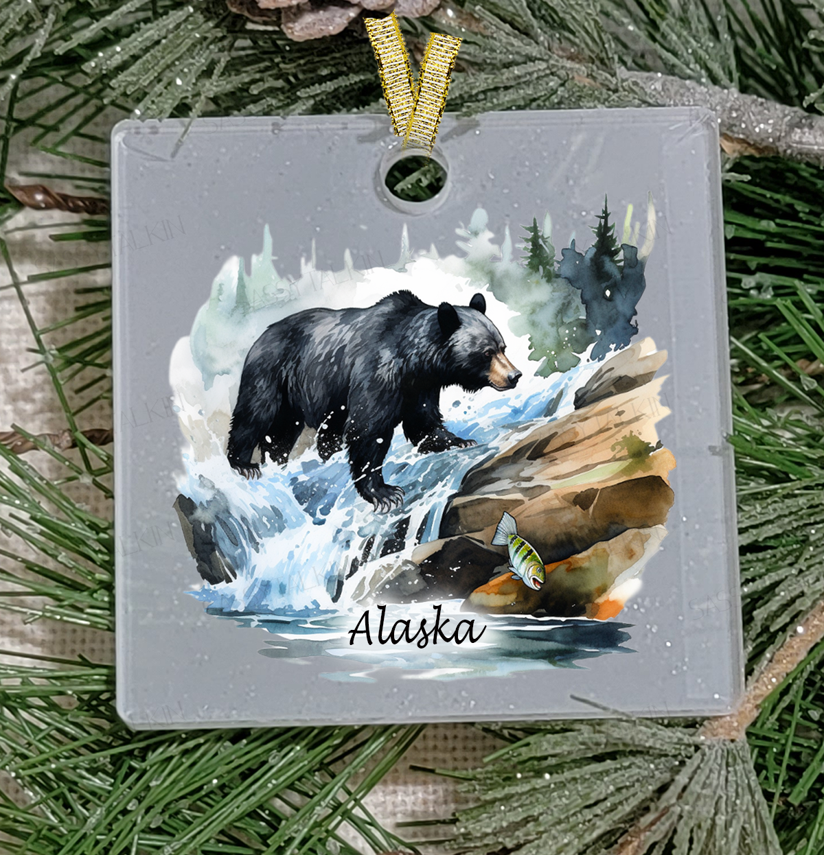 Christmas Ornament, Black Bear fish, Frosted Acrylic, Square, name drop available