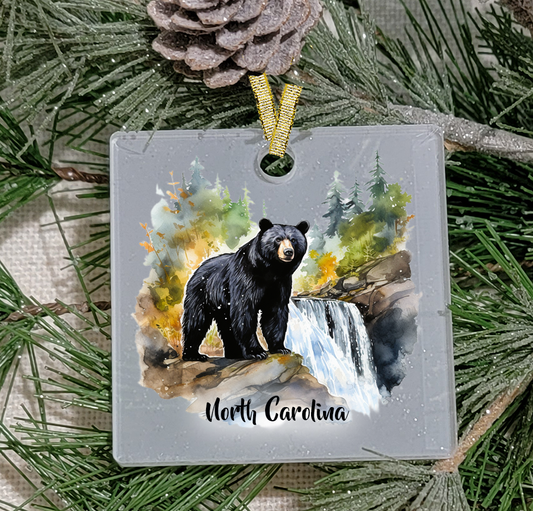 Christmas Ornament, Black Bear waterfall, Frosted Acrylic, Square, name drop available