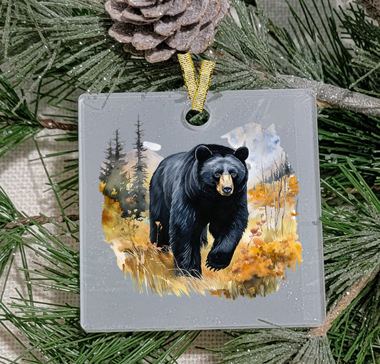 Christmas Ornament, Black Bear in grass, Frosted Acrylic, Square, name drop available