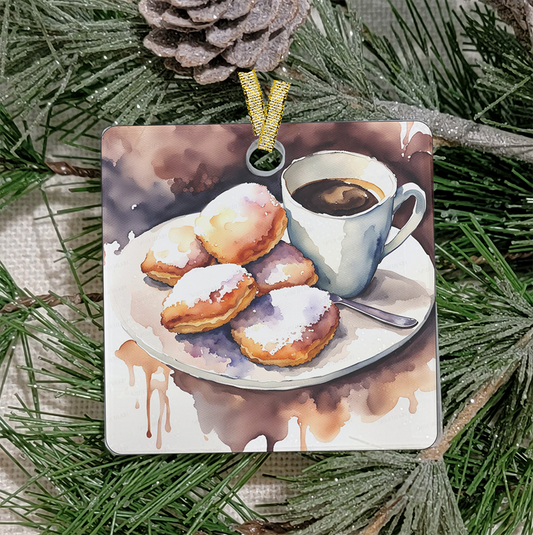 Christmas Ornament, Louisiana, Frosted Acrylic, Beignets