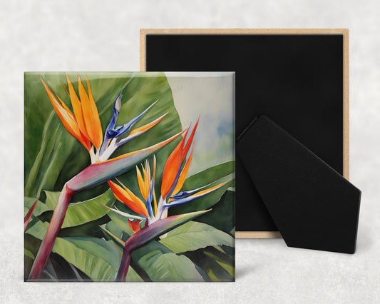 Art Tile, FL, Bird of Paradise, 4"x4" Ceramic art tile, watercolor, easel back