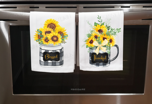 Fall, Dish Towel, Sunflowers and black and white buffalo plaid, Blessed or Thankful