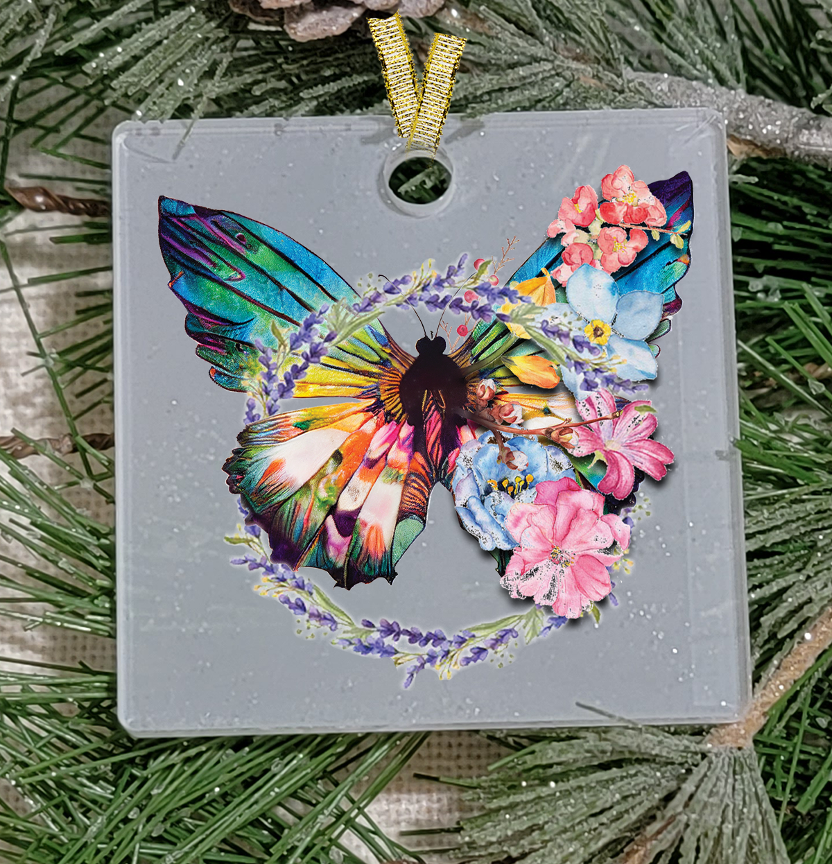 Christmas Ornament, Bug, Butterfly, Pastel wreath, Frosted Acrylic, name drop available