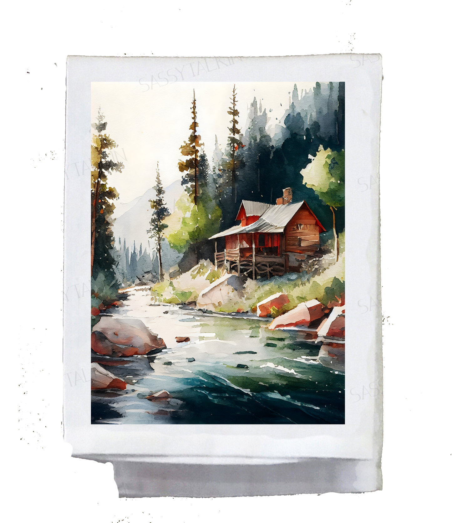 Mountain, Dish Towel, Cabins on the river