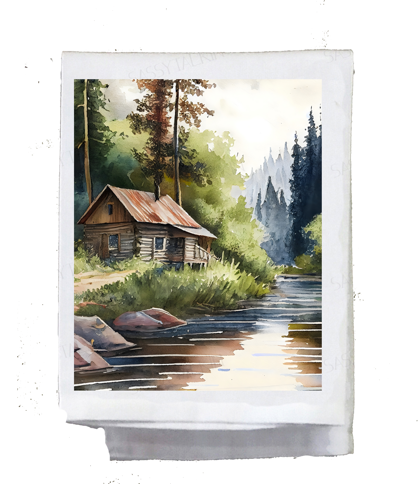 Mountain, Dish Towel, Cabins on the river