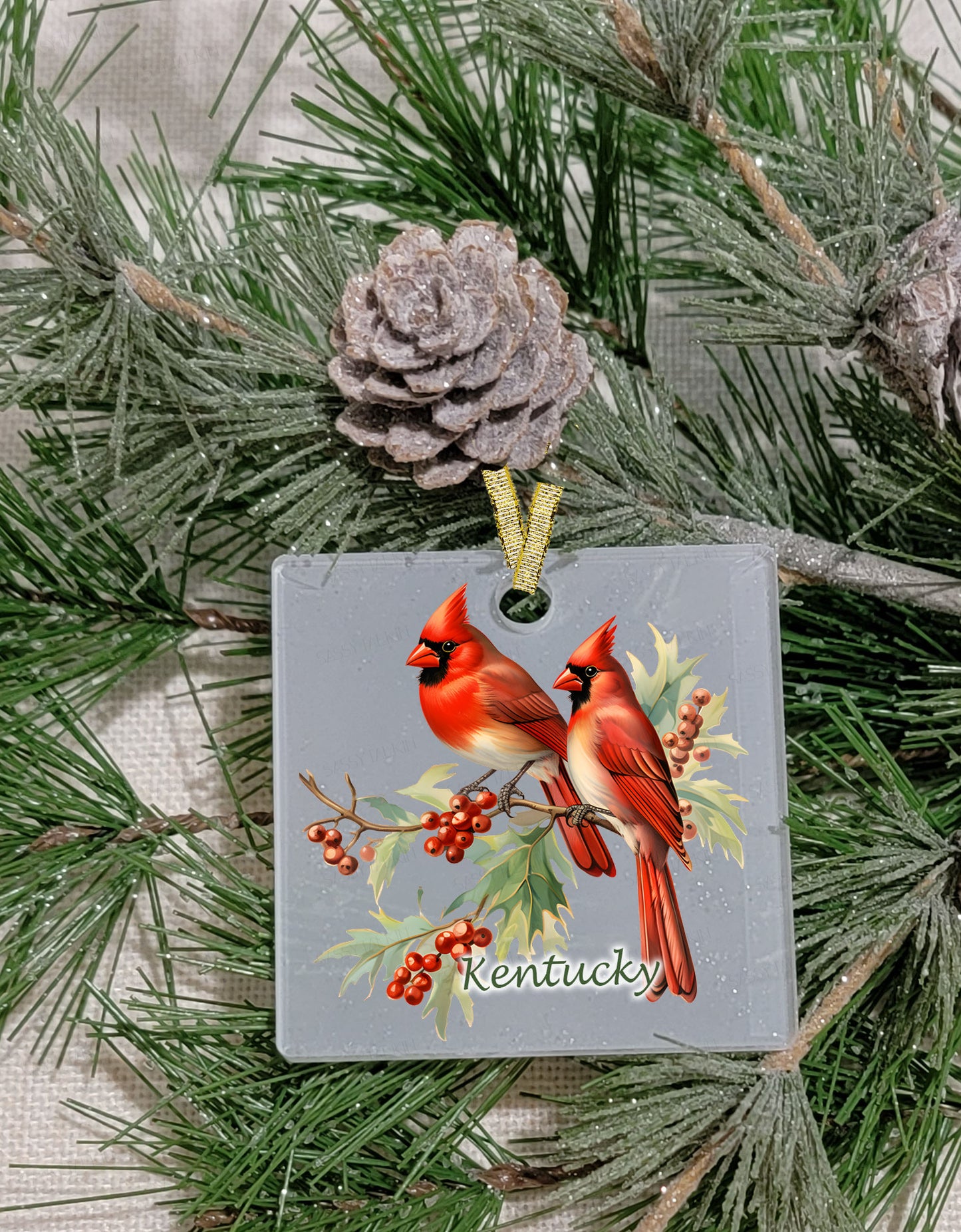 Christmas Ornament, Bird, Cardinals, Frosted Acrylic, name drop available