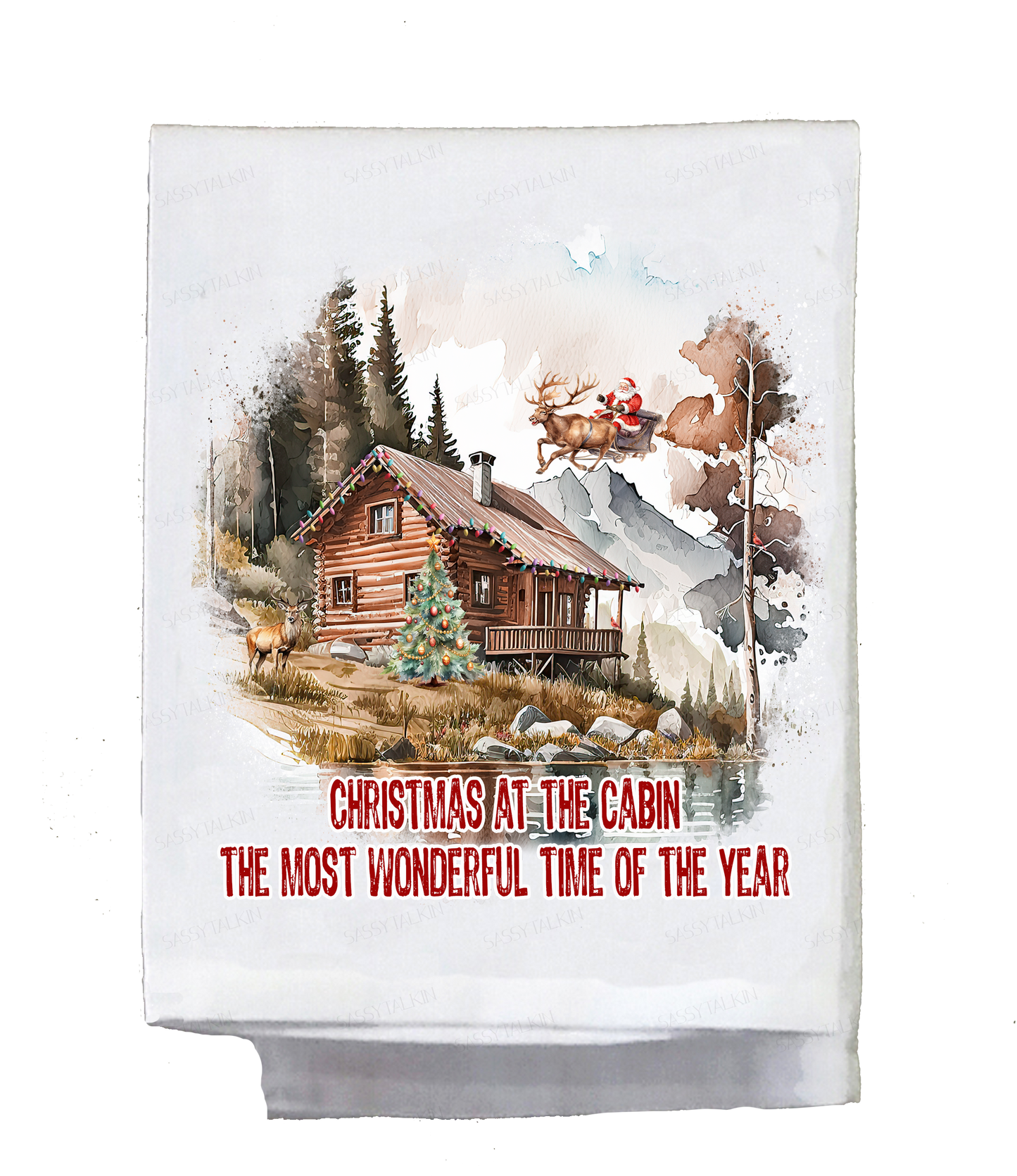 Mountain Dish Towel, Christmas at the cabin the most wonderful time of the year