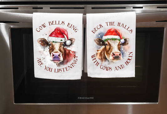 Christmas, Dish towel , Christmas cow with Santa hat