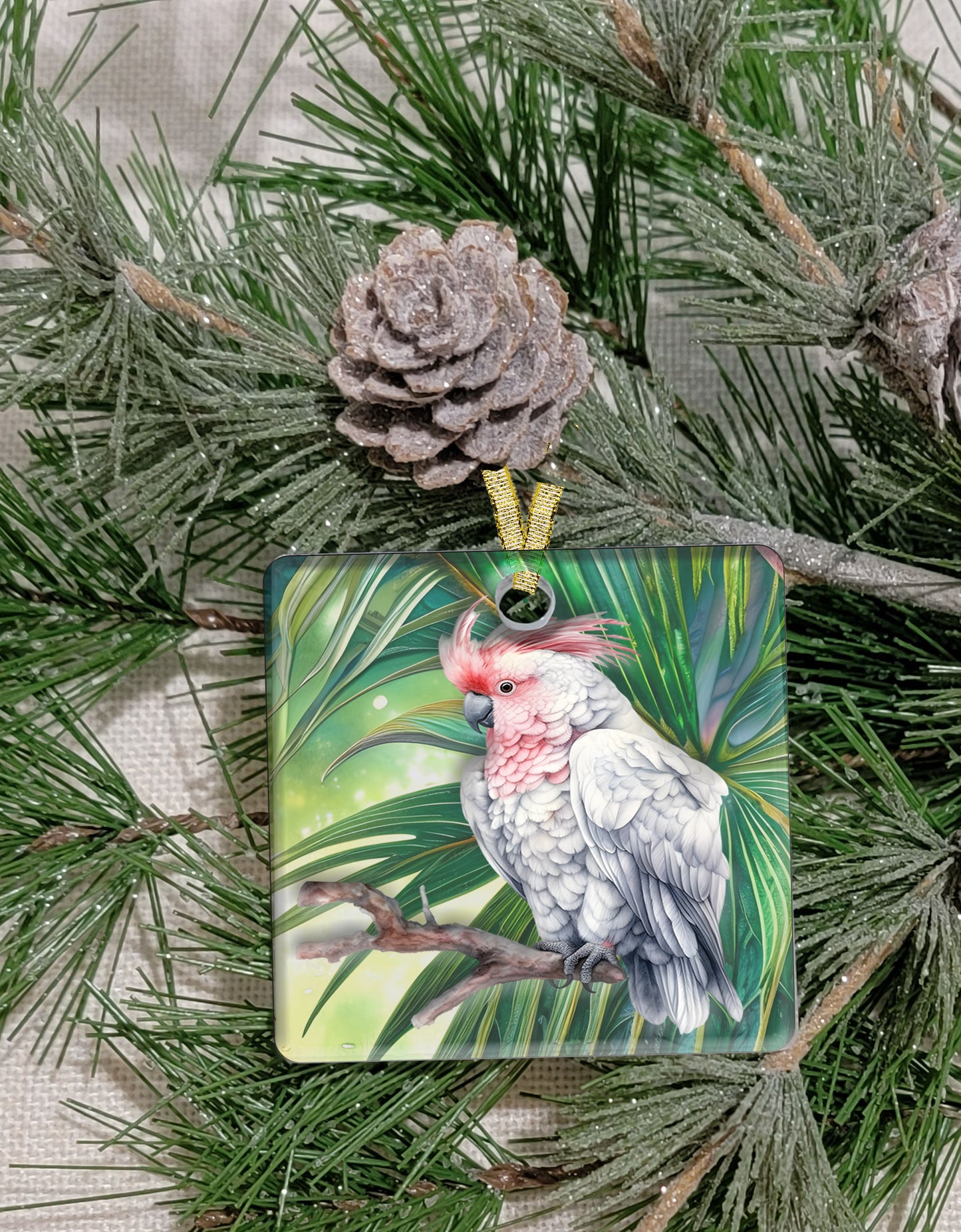 Christmas Ornament, Bird, Frosted Acrylic, Cockatoo, name drop available