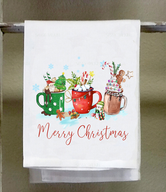 Dish Towel, Christmas, Coffee cups red and green