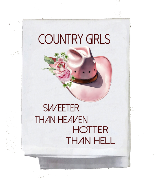 Country Dish Towel, Country Girls sweeter than heaven pink