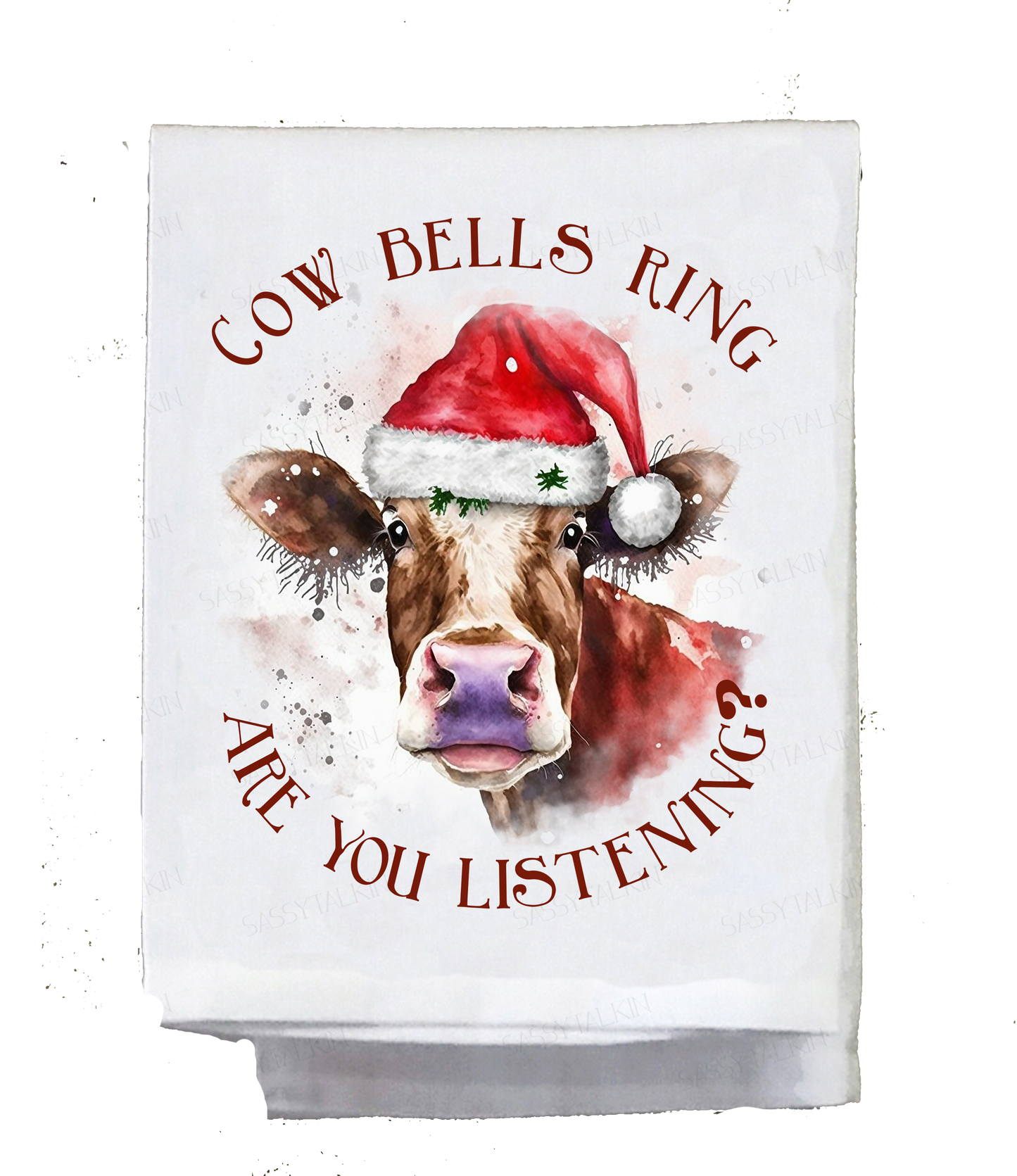 Christmas, Dish towel , Christmas cow with Santa hat