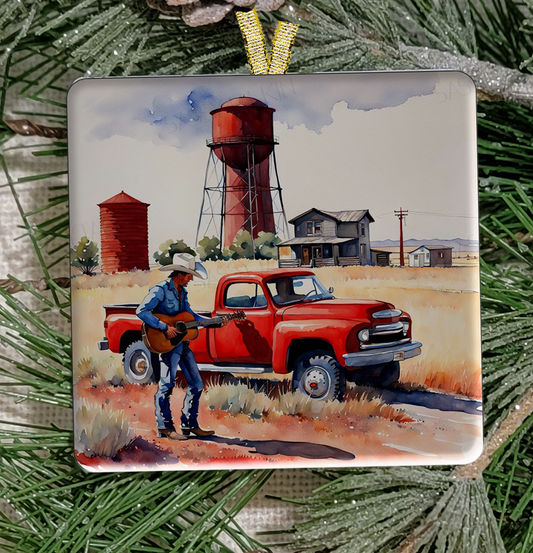 Christmas Ornament, Country, Red truck with water tower, Frosted Acrylic, name drop available