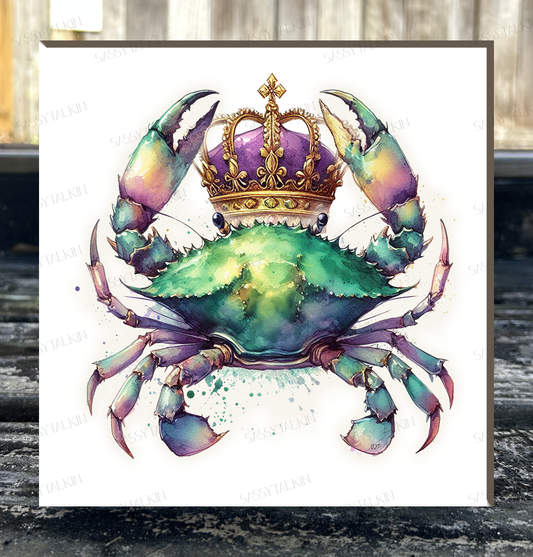 Mardi Gras, Crab with Crown, 6"x6" canvas on wood plaque