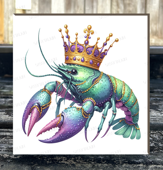 Mardi Gras, Crawfish King with Crown, 6"x6" canvas on wood plaque