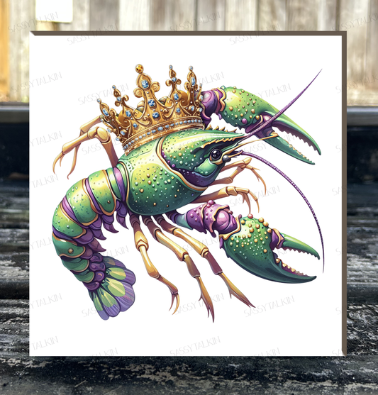 Mardi Gras, Crawfish Queen with Crown, 6"x6" canvas on wood plaque