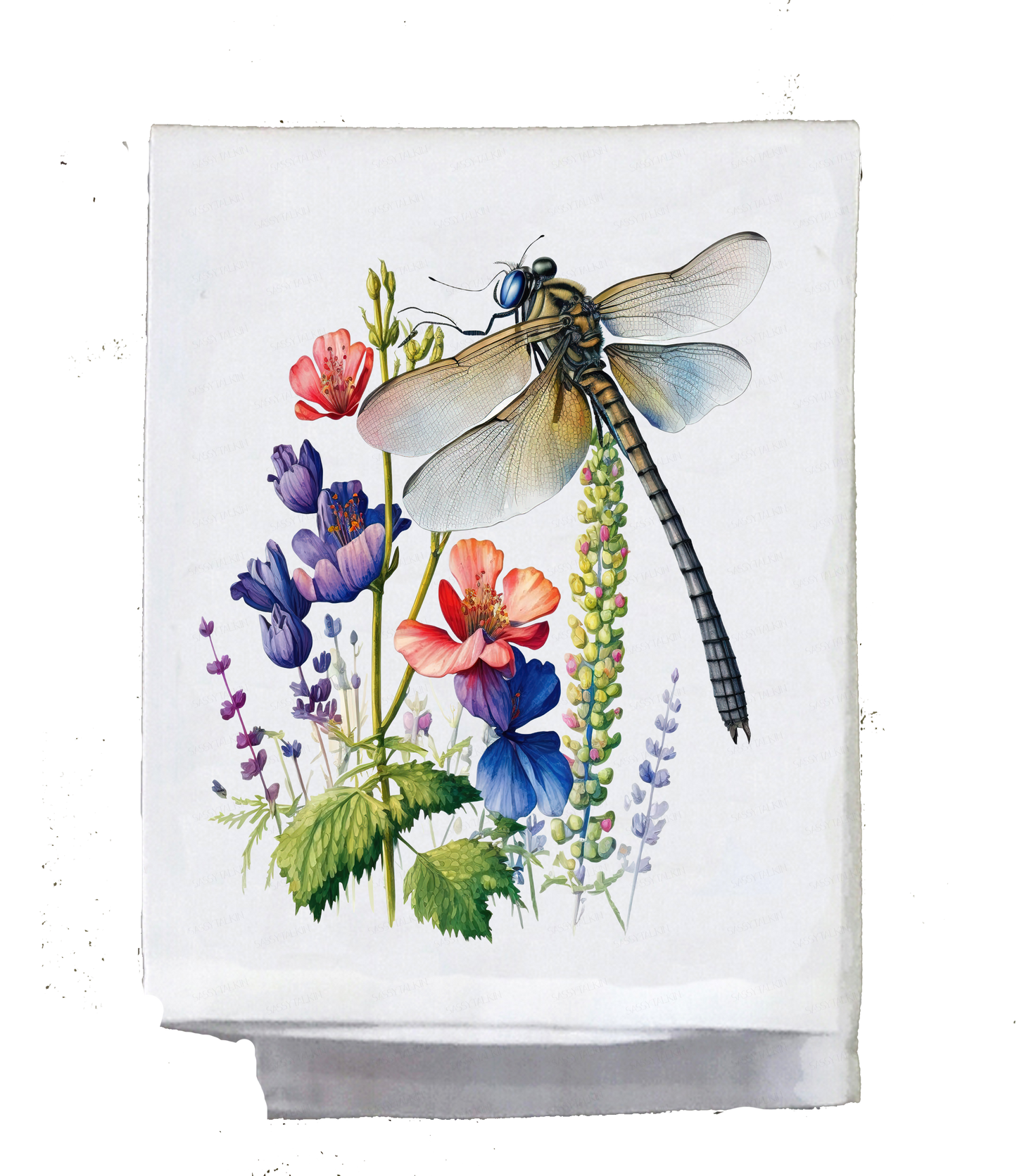 Bugs and Insects, Dish Towel, Dragonfly with flowers