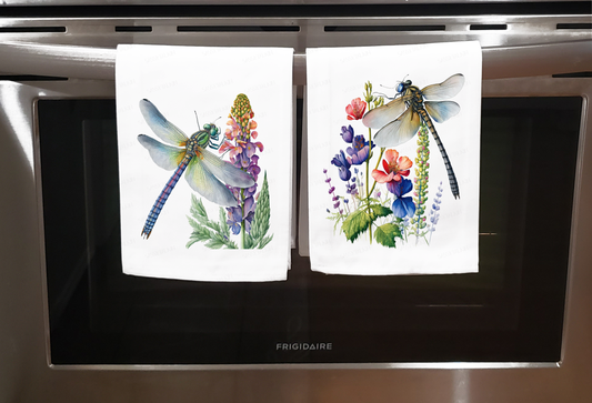 Bugs and Insects, Dish Towel, Dragonfly with flowers