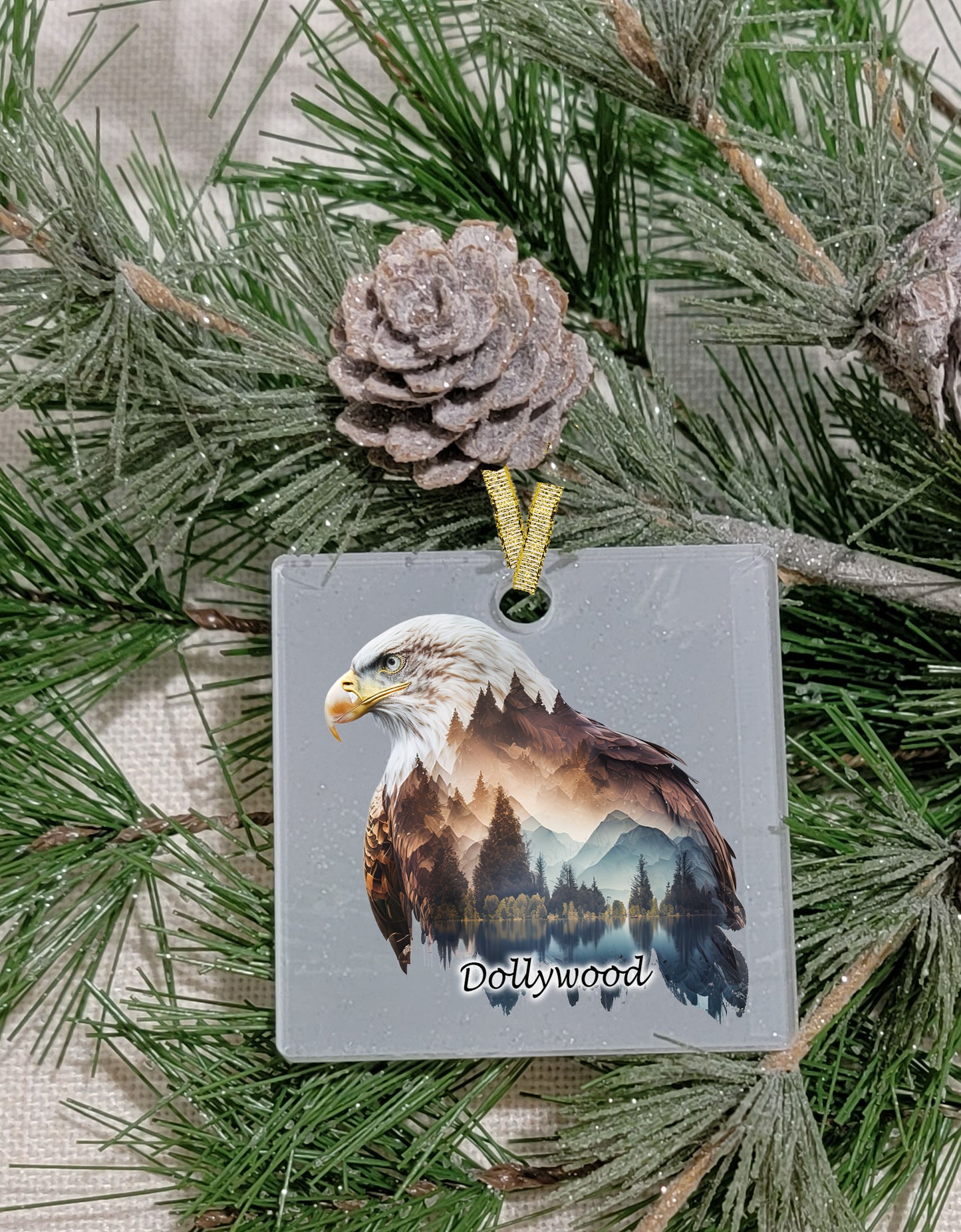 Christmas Ornament, Bird, Frosted Acrylic, Eagle with mountains, name drop available